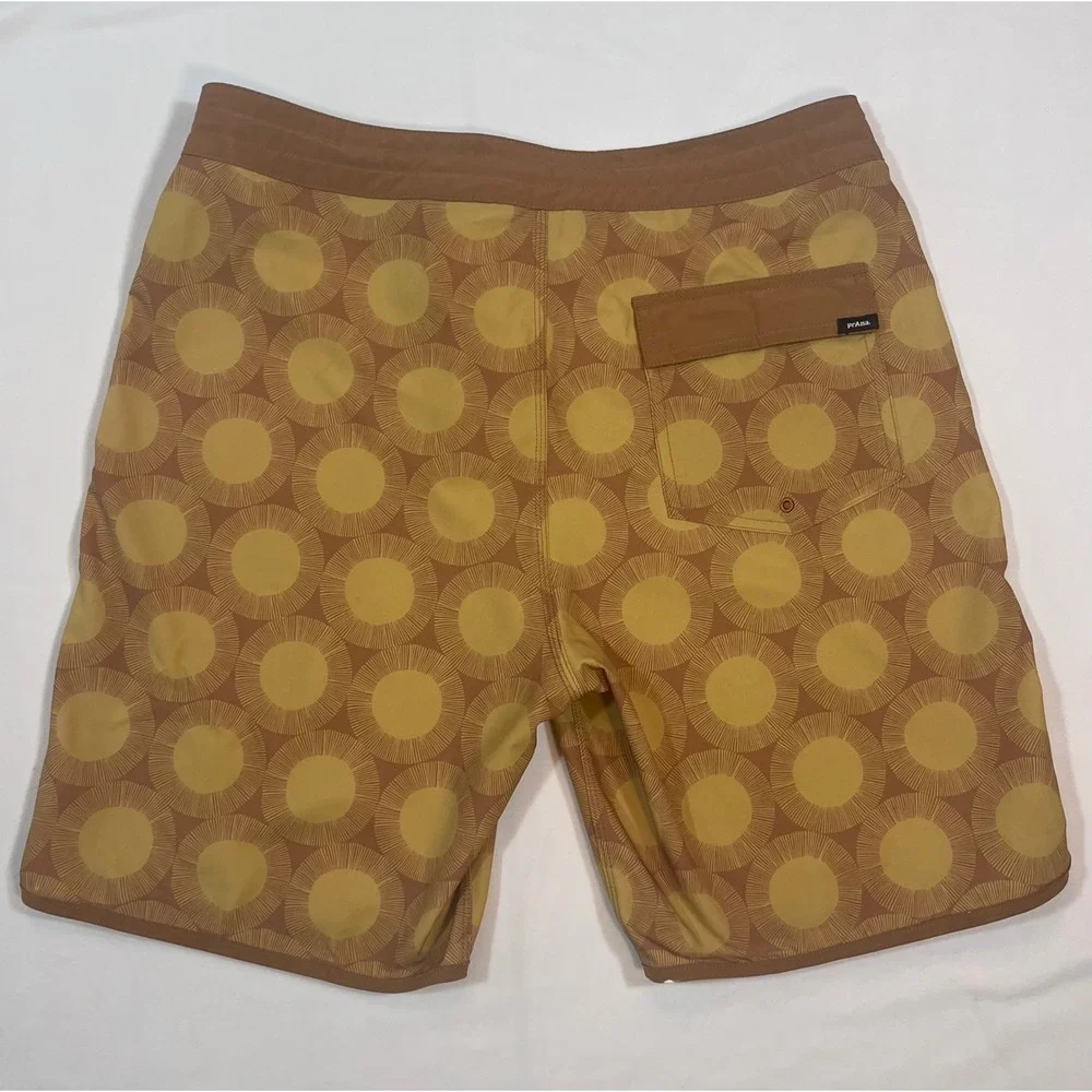 PrAna Roots Studio Board Shorts Men 32 Brown Yellow Sunburst Surf Swim Trunks